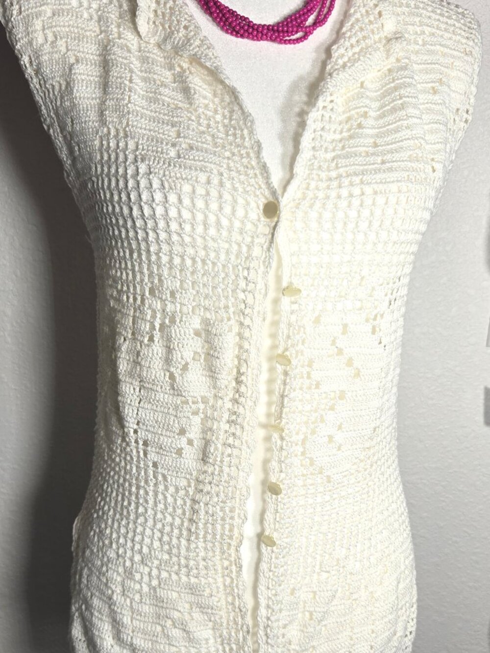 Vintage 80s Handmade Crochet Vest Cream White Collared + FREE Necklace
